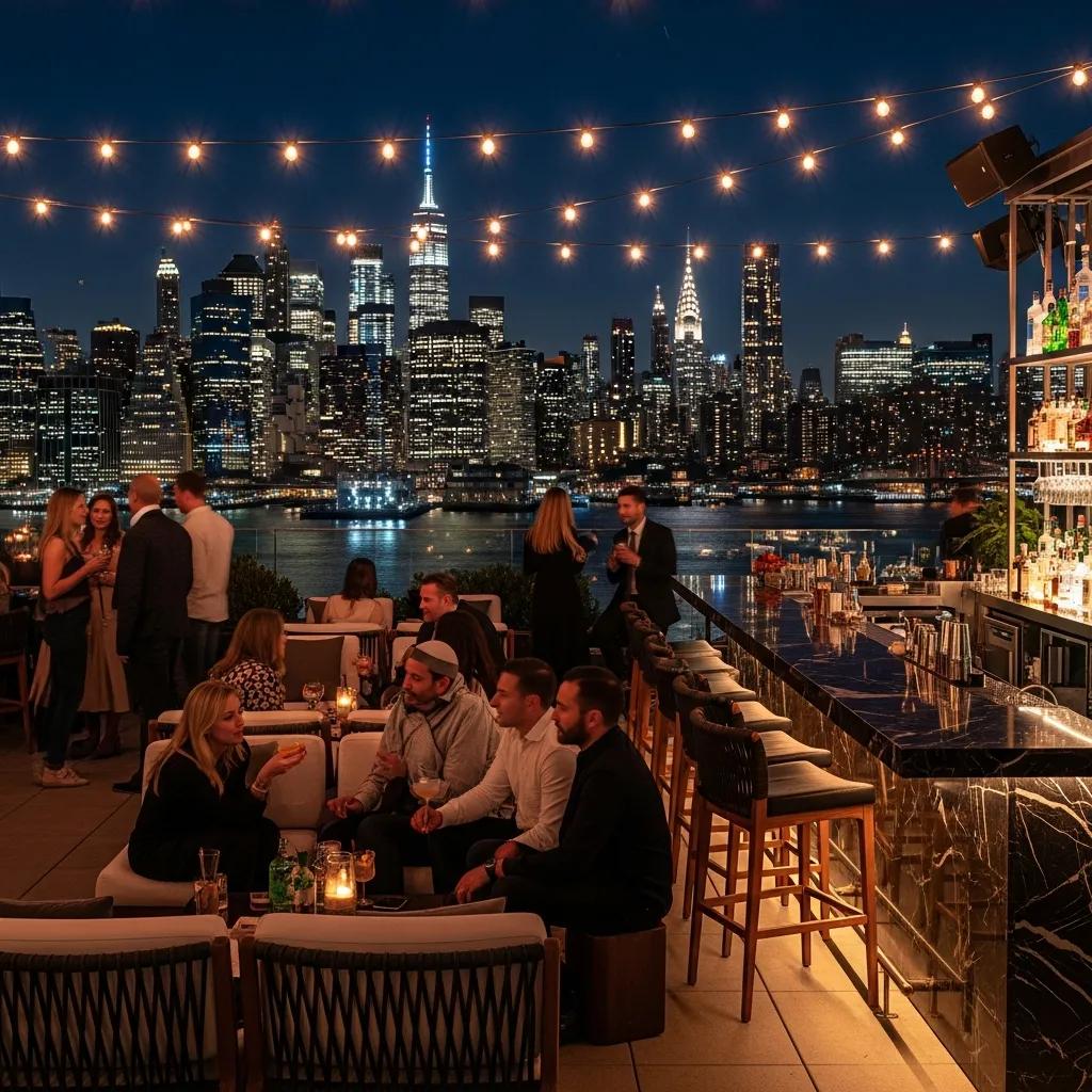 Rooftop bar in Brooklyn with a view of the Manhattan skyline and patrons enjoying drinks