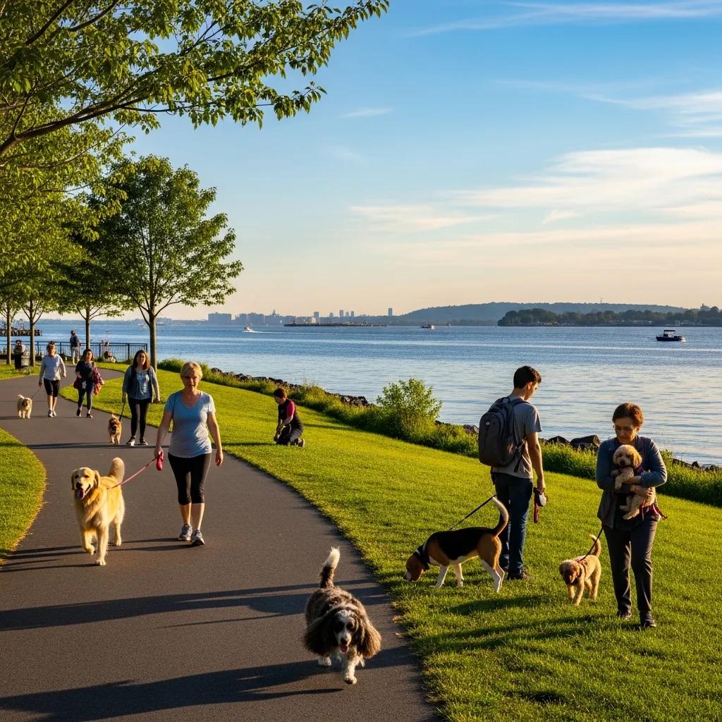 Scenic waterfront park in Canarsie with walking trails, ideal for dog walks