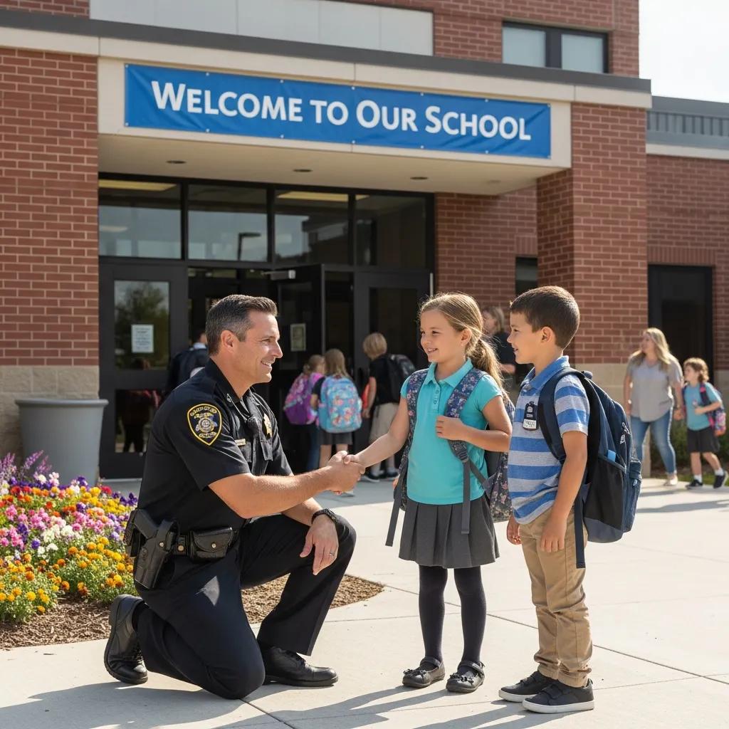 School safety officer engaging with students outside a school, highlighting safety and community involvement