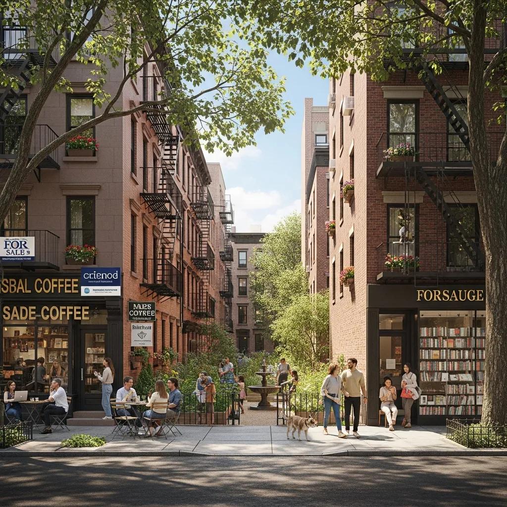 Street scene in a Brooklyn neighborhood highlighting residential buildings and local amenities
