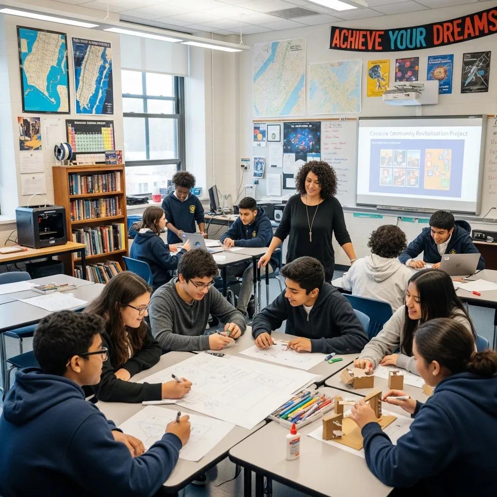 Students collaborating in a vibrant middle or high school classroom in Canarsie, highlighting active learning and diverse educational programs