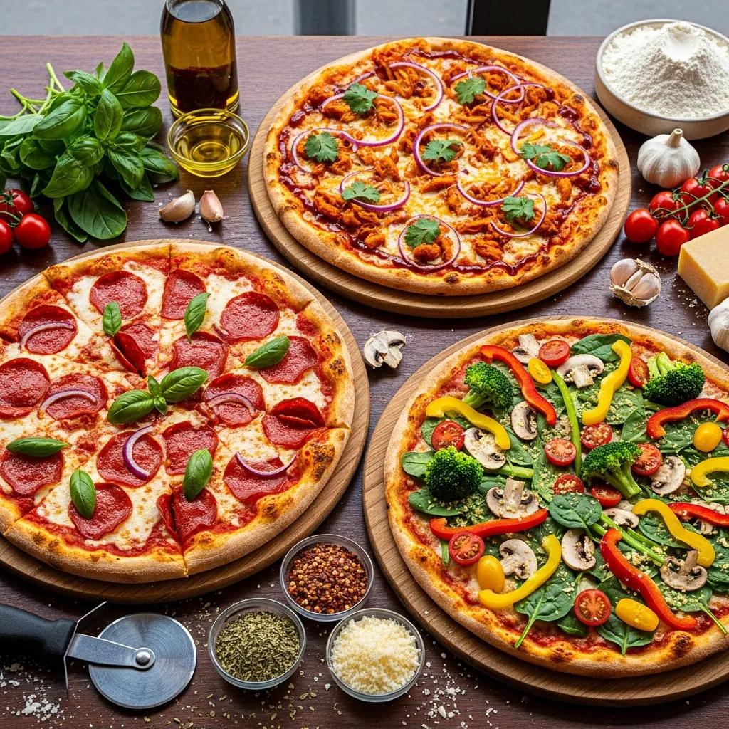 Three distinct pizza styles showcasing diversity: New York-style, BBQ chicken, and vegan pizza