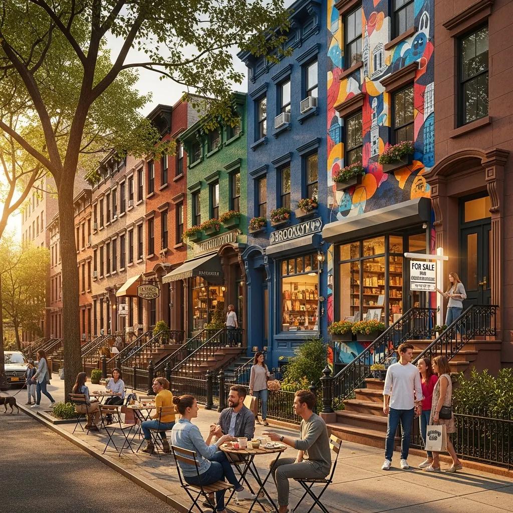 Trendy Brooklyn neighborhood with brownstones and local shops, highlighting investment opportunities