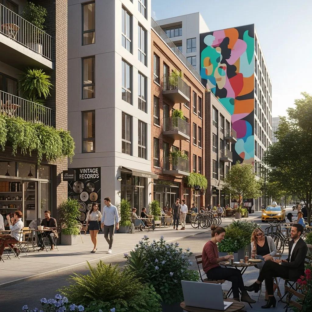 Trendy Brooklyn neighborhood with modern architecture and vibrant street life, showcasing property value growth