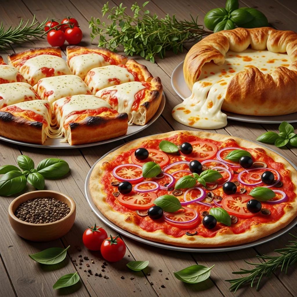 Variety of pizza styles including thin crust, Sicilian, and stuffed crust on a rustic table
