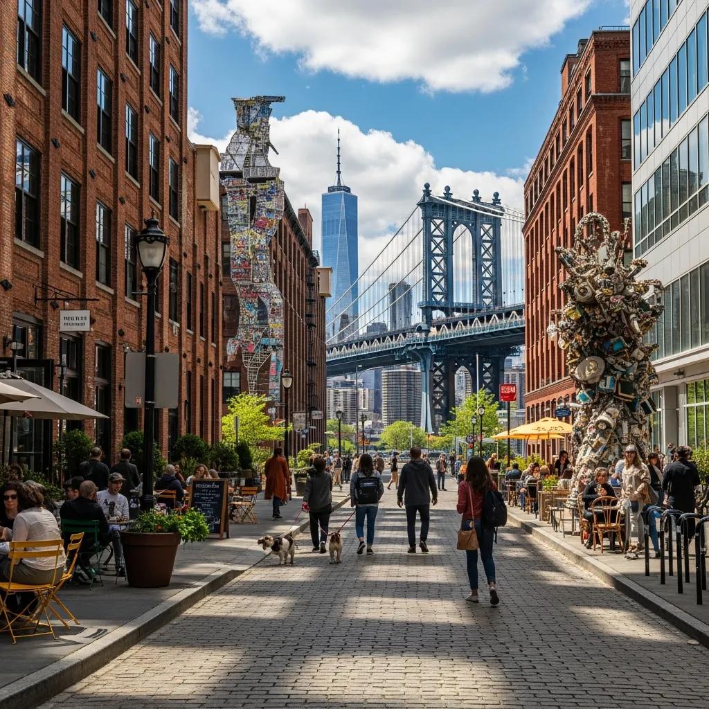 Vibrant street scene in DUMBO, Brooklyn showcasing waterfront living