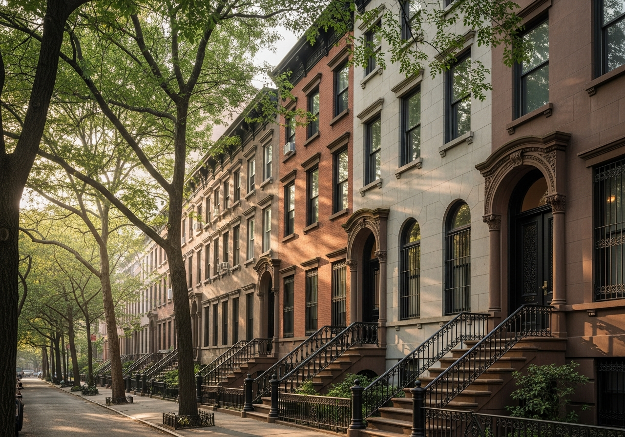 Historic brownstones lining a tree-lined street in Bedford-Stuyvesant, Brooklyn, showcasing vibrant architecture and community ambiance.
