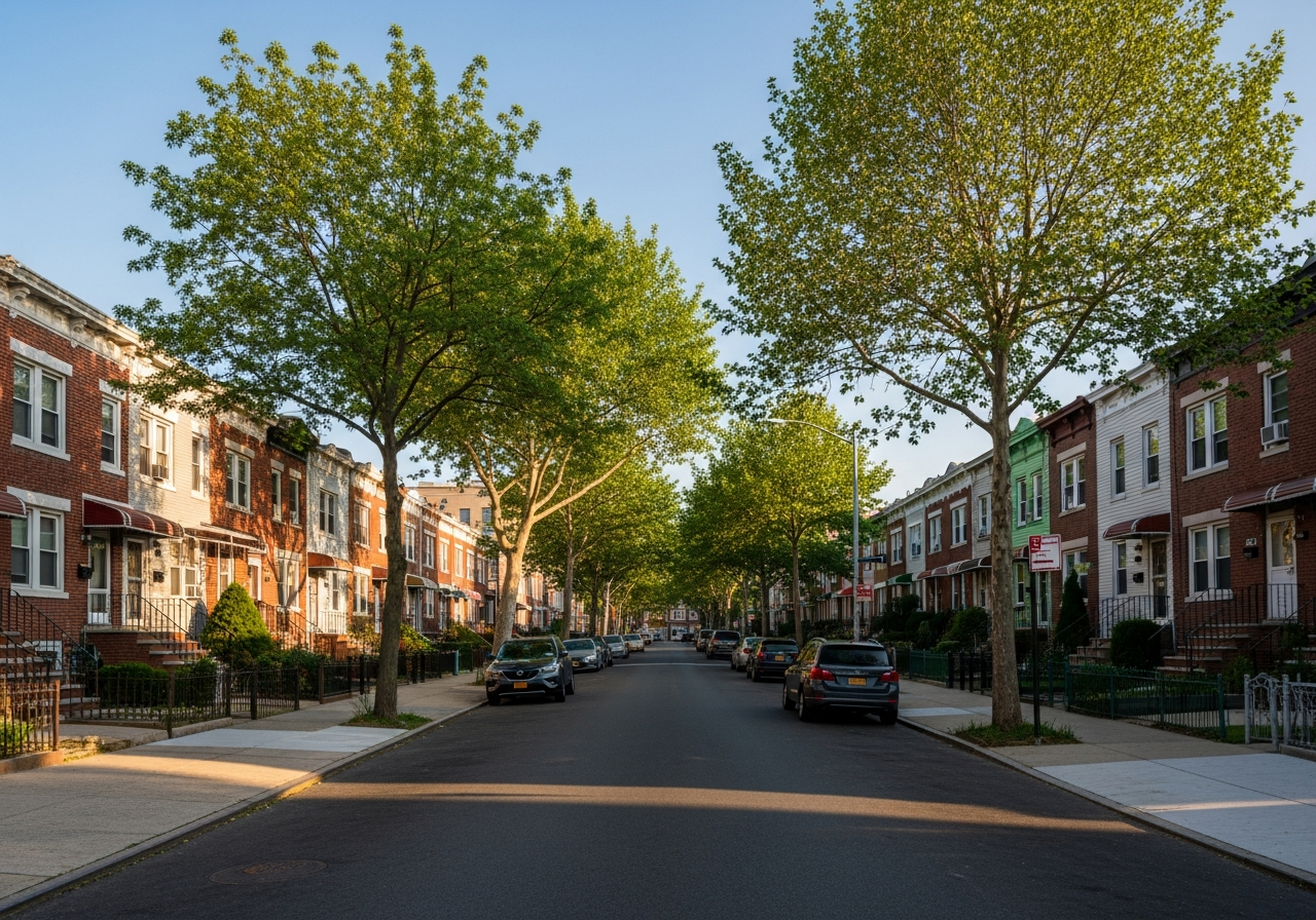 Residential street in Canarsie, Brooklyn, featuring tree-lined sidewalks, brick townhouses, and parked cars, reflecting a quiet neighborhood atmosphere.