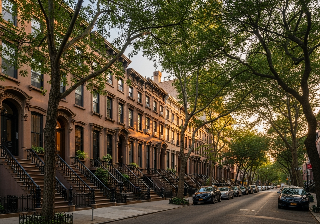 Crown Heights street scene featuring historic brownstones, lush trees, and a tranquil residential atmosphere, reflecting the neighborhood's charm and community energy.