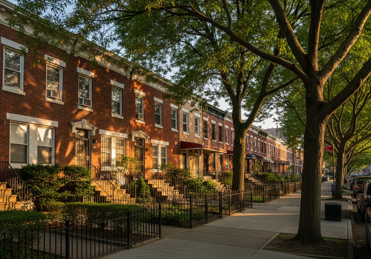 Residential street in East Flatbush featuring brick townhouses, lush greenery, and tree-lined sidewalks, showcasing family-friendly appeal and community atmosphere.