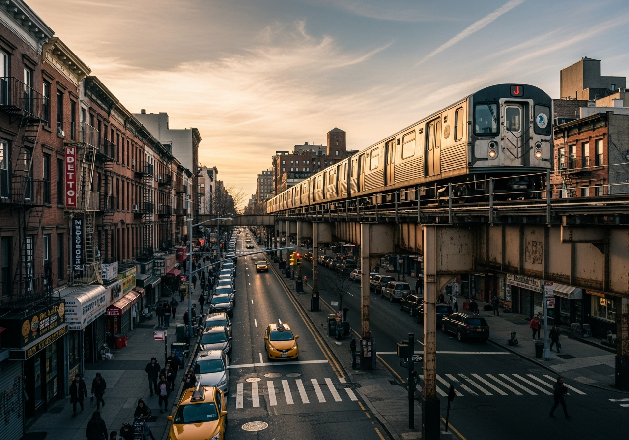 Elevated J train traveling above East New York street scene, featuring local shops, taxis, and pedestrians during sunset.