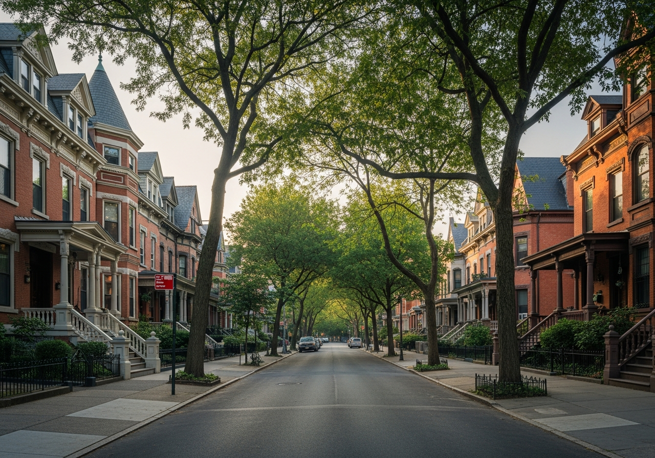 Tree-lined residential street in Brooklyn featuring historic brownstone homes, showcasing a blend of classic architecture and community charm, relevant to local real estate insights.